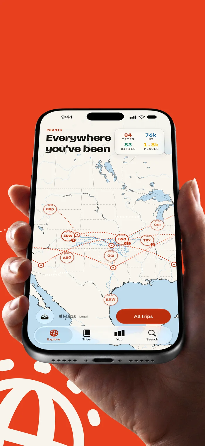 The Explore atlas: every trip on one map of North America, with dotted flight lines and airport codes.