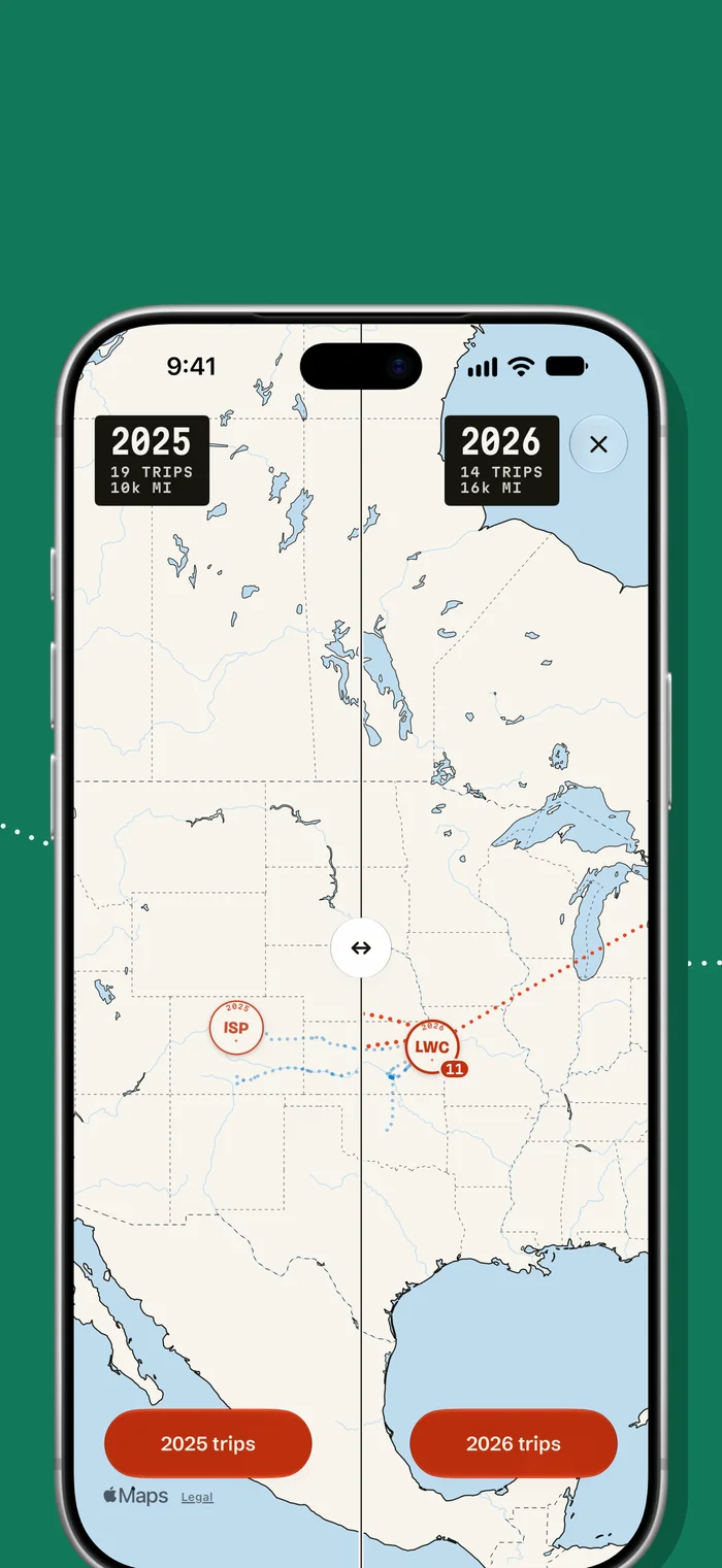 Compare years: 2025 and 2026 trips on two maps side by side.