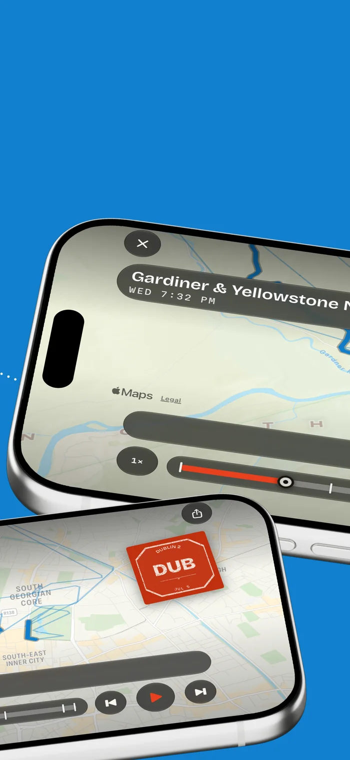 The flythrough replaying a trip through Gardiner and Yellowstone on a 3D map, with a scrubber.