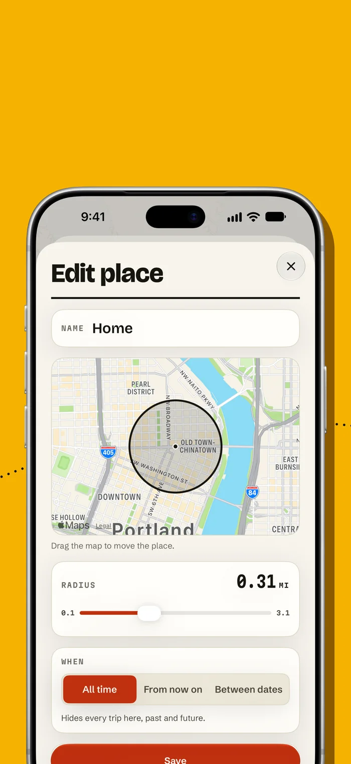 Editing a place that does not count: Home, drawn as a circle on a map of Portland with a radius slider.