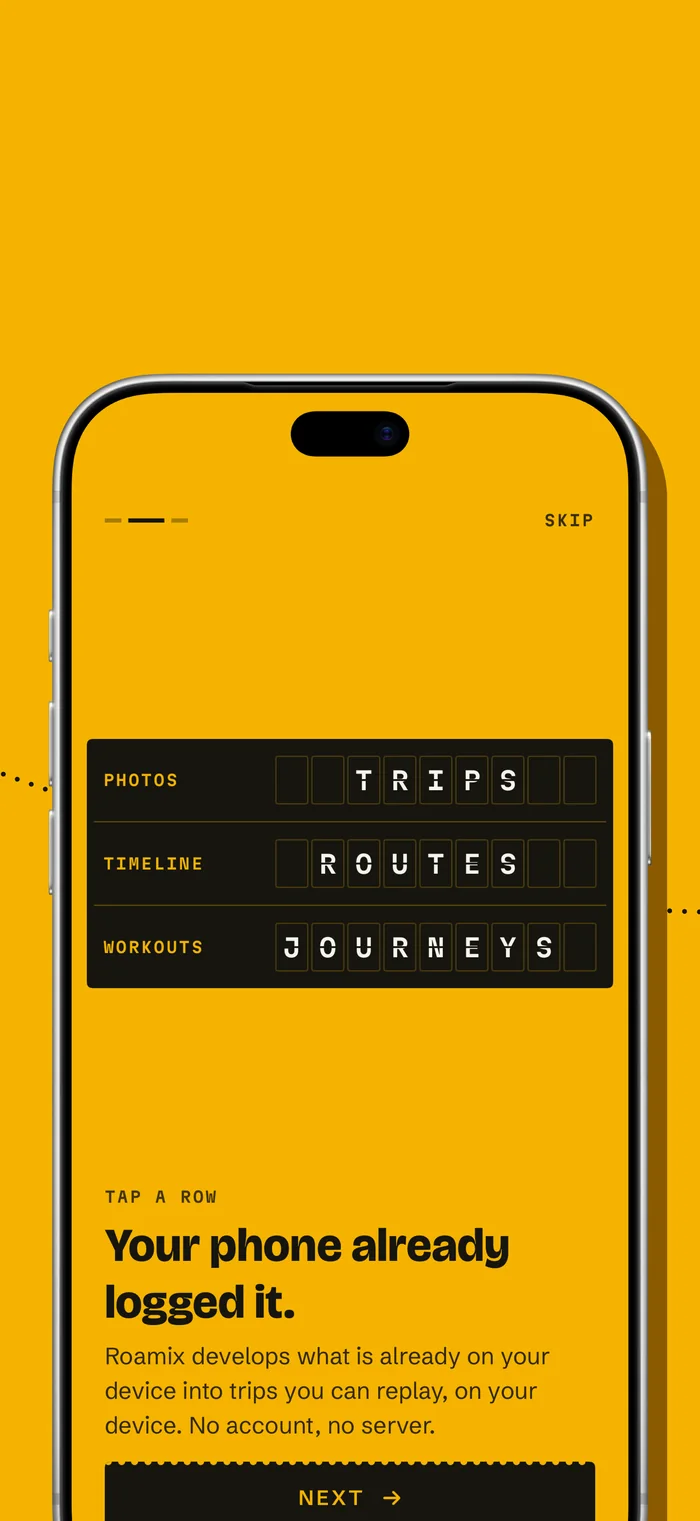 The first-run departures board turning photos, timeline and workouts into trips, routes and journeys.