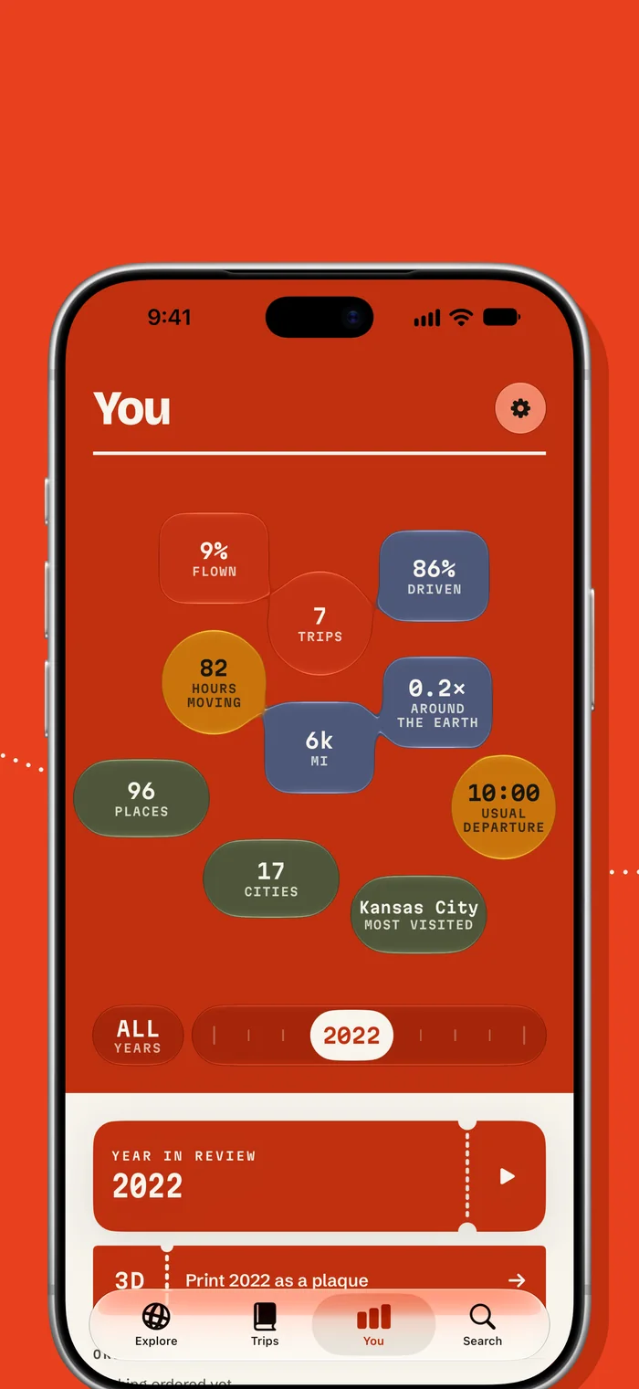 The You tab: a year of stats as bubbles — share flown and driven, trips, miles, places, cities.