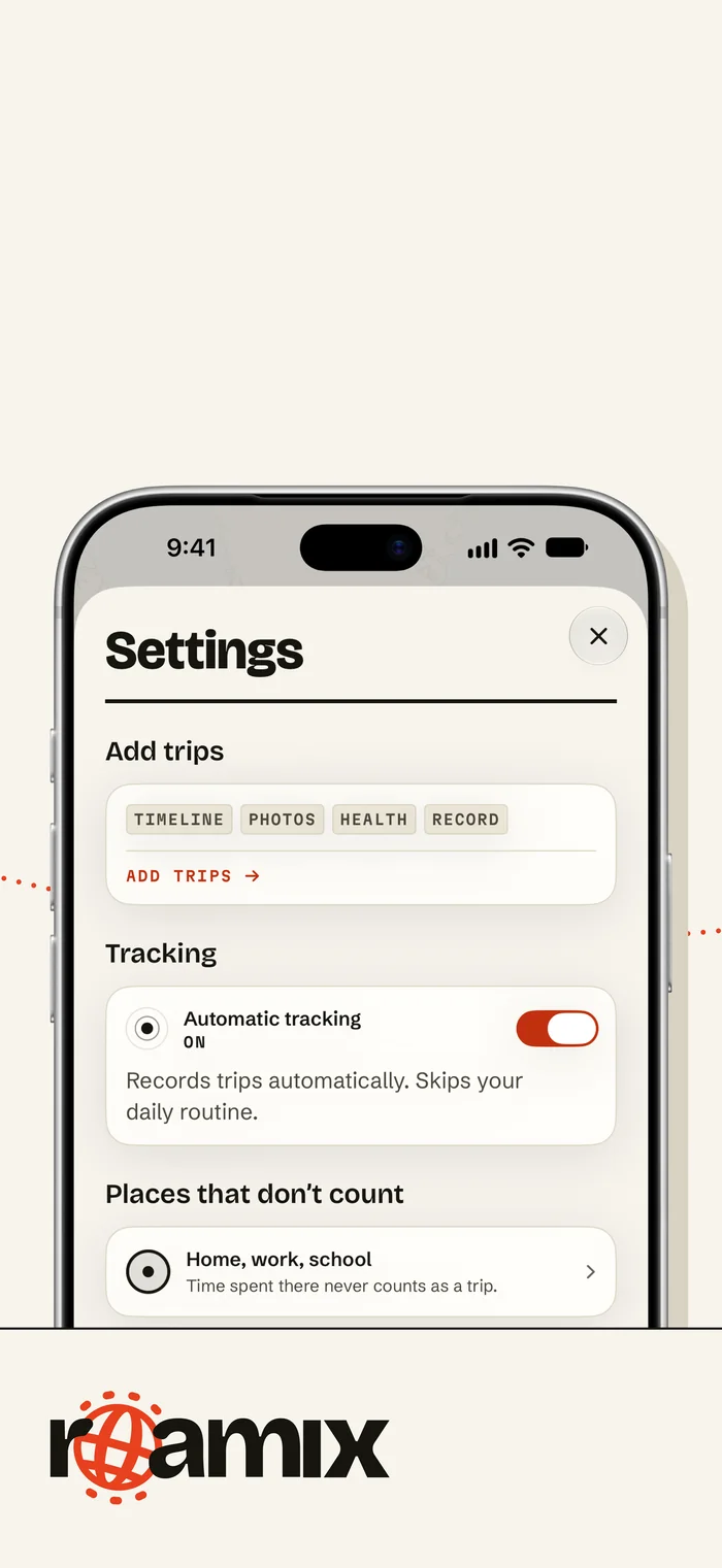 Settings: add trips from Timeline, Photos and Health; automatic tracking; places that don’t count.